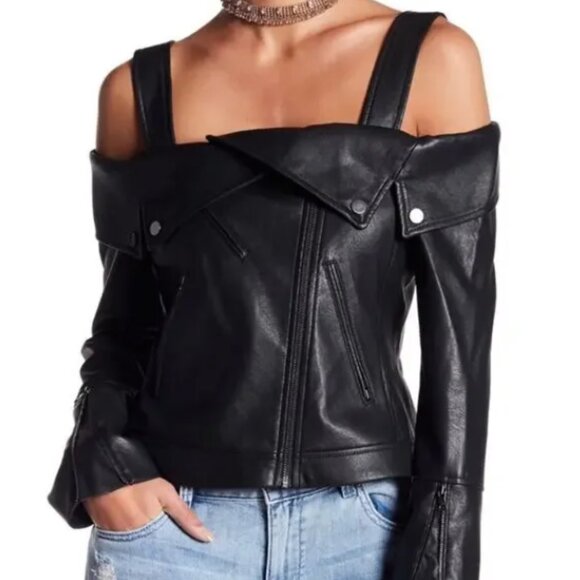 NWT BCBGMAXAZRIA Clyde Faux Leather Moto Jacket Top in Black XS - Picture 3 of 7